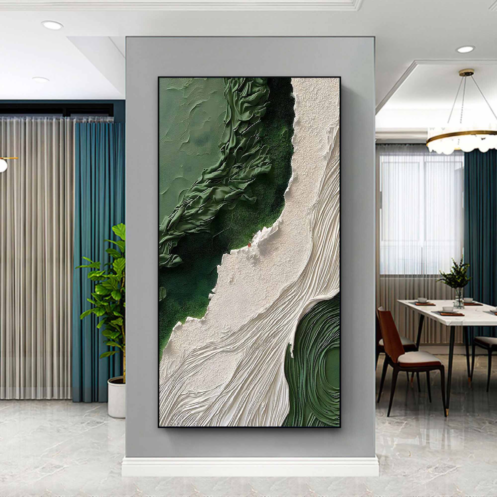 Abstract plaster art on canvas with green and ivory textured patterns, handcrafted wall painting