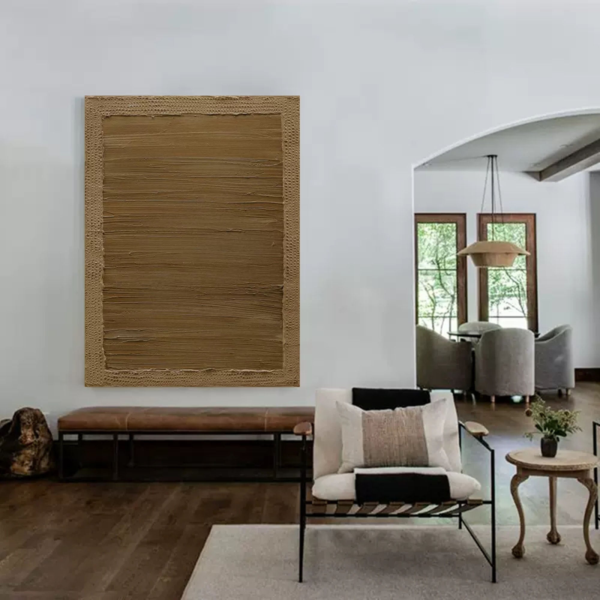 Large neutral wall art with textured earth-tone layers in abstract design