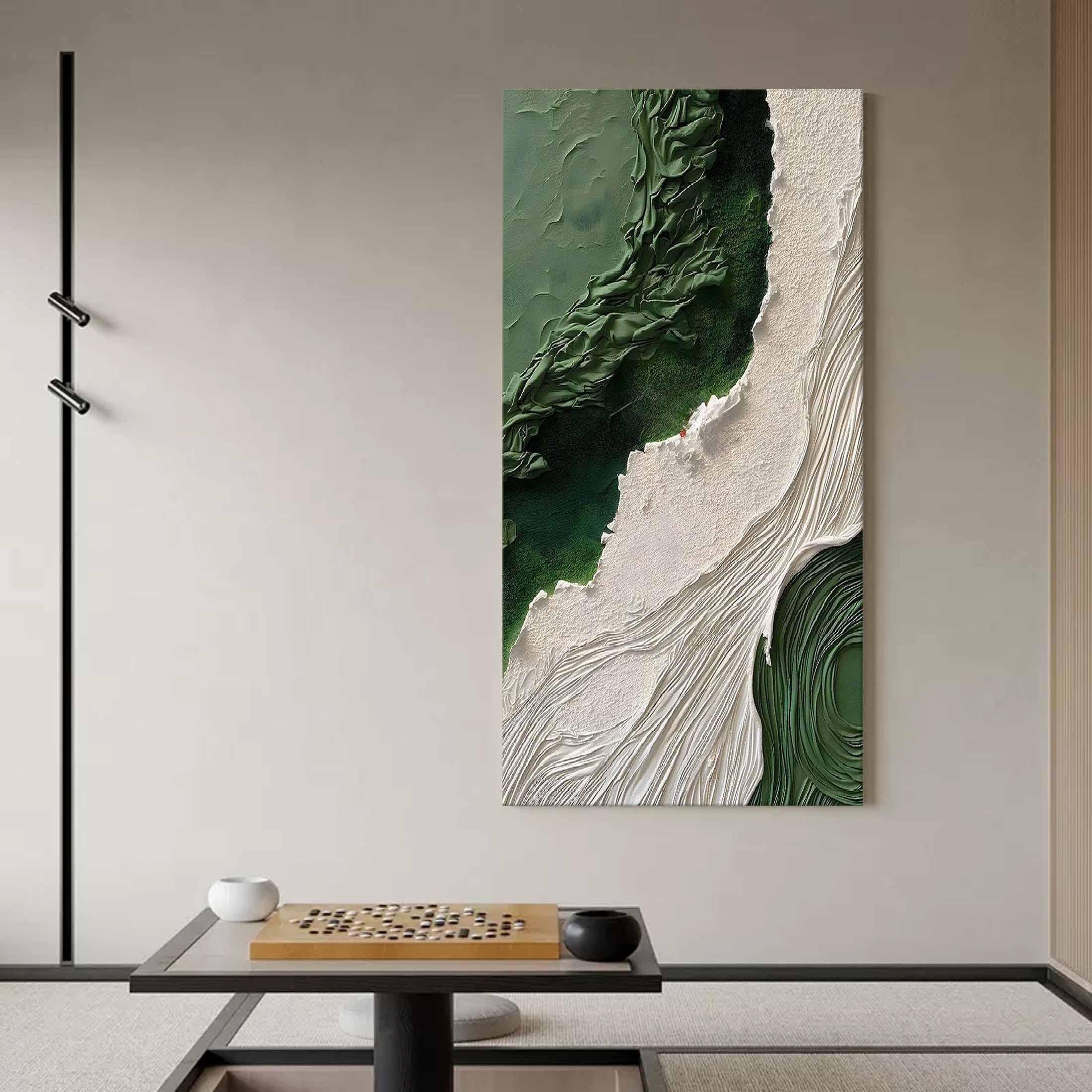 Abstract plaster art on canvas with green and ivory textured patterns, handcrafted wall painting