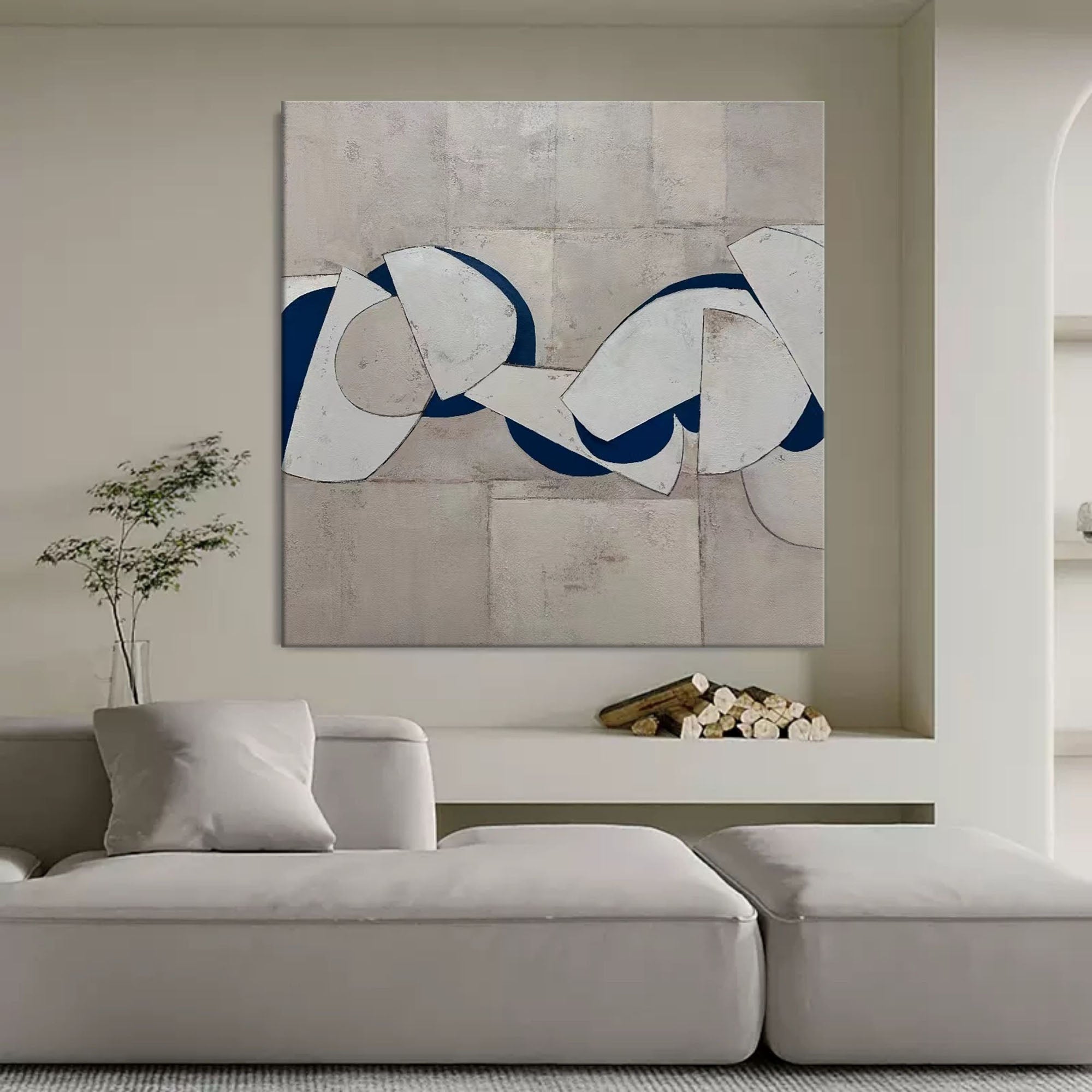 Blue and white abstract painting with bold curved shapes on textured gray background