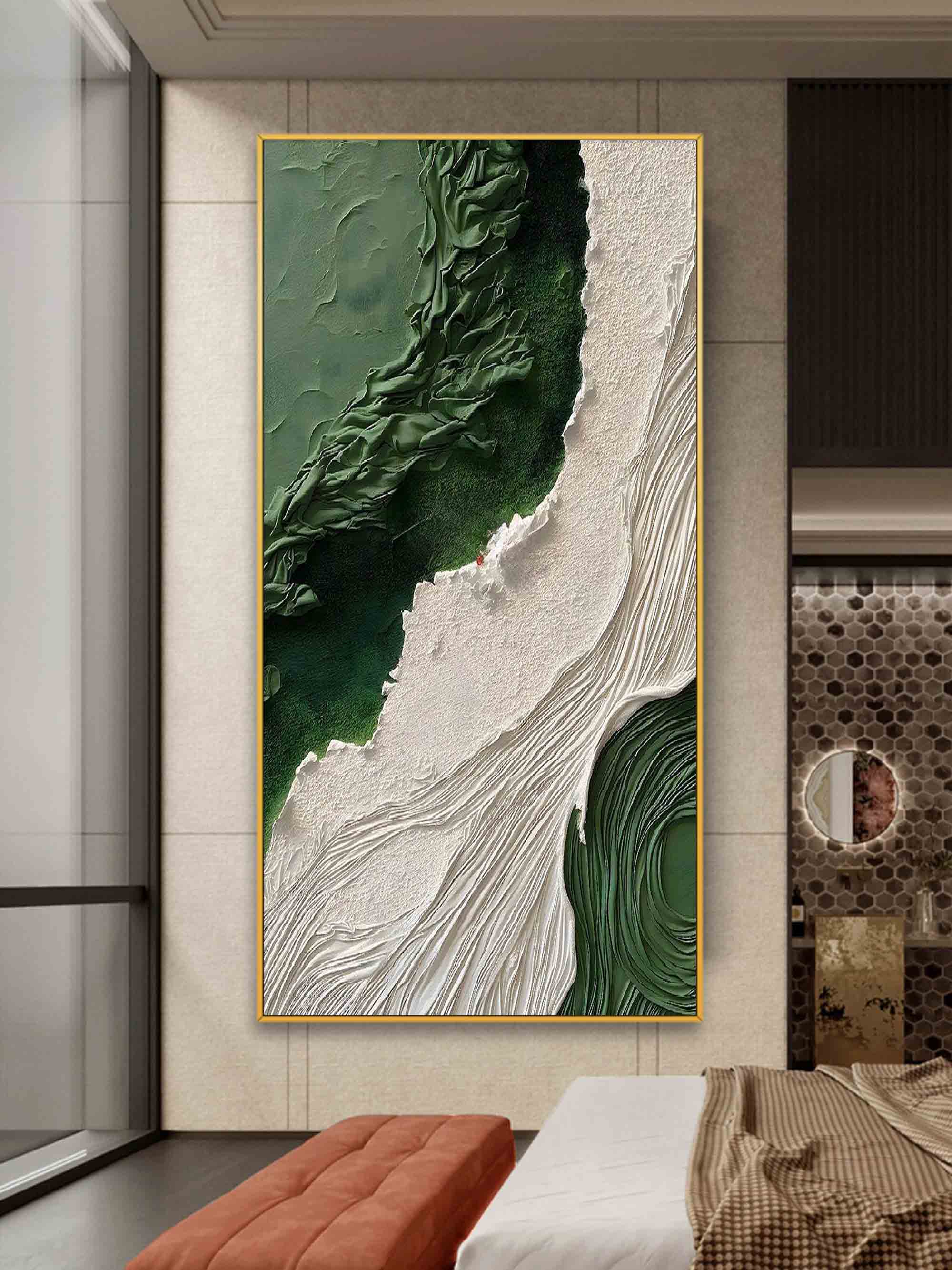 Abstract plaster art on canvas with green and ivory textured patterns, handcrafted wall painting