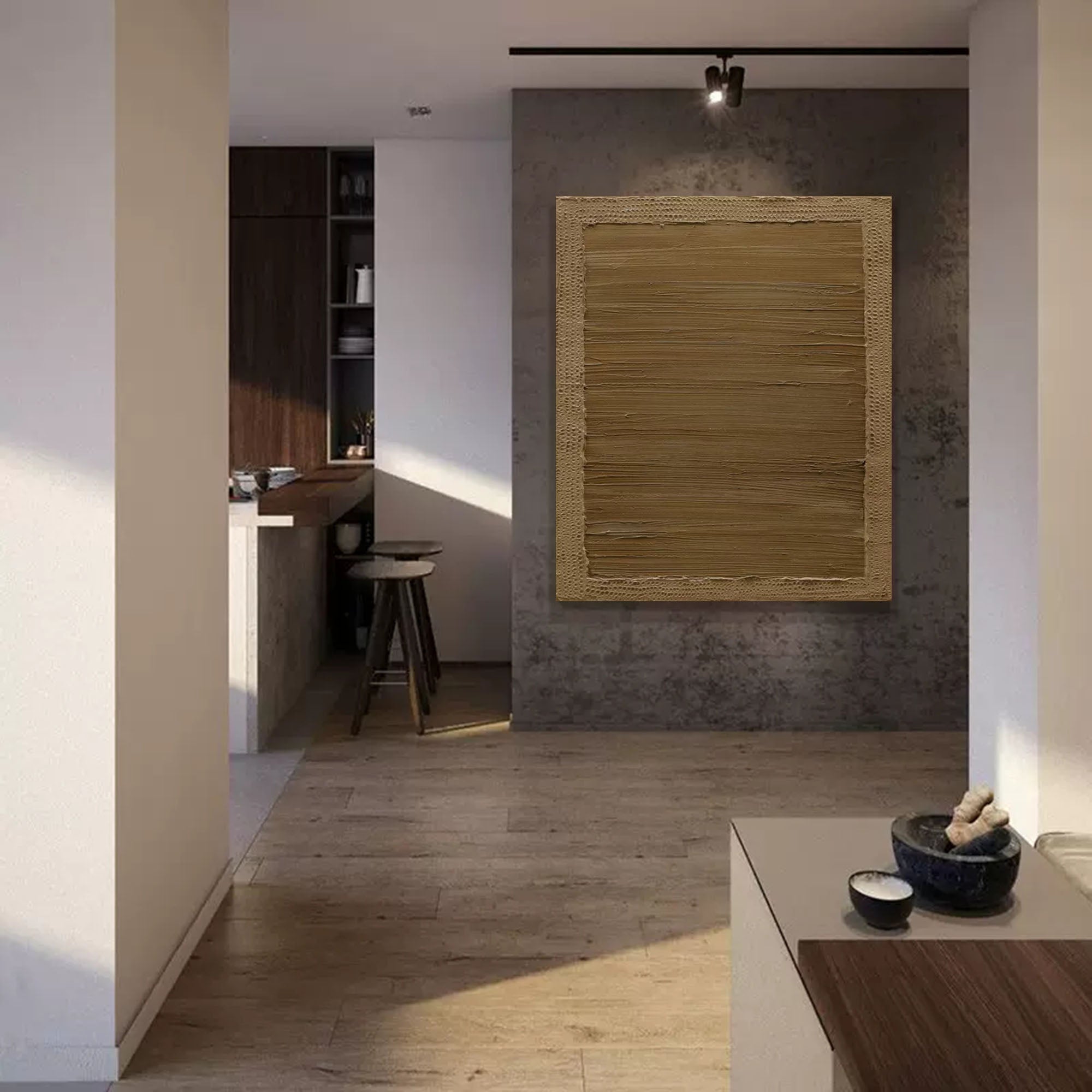 Large neutral wall art with textured earth-tone layers in abstract design