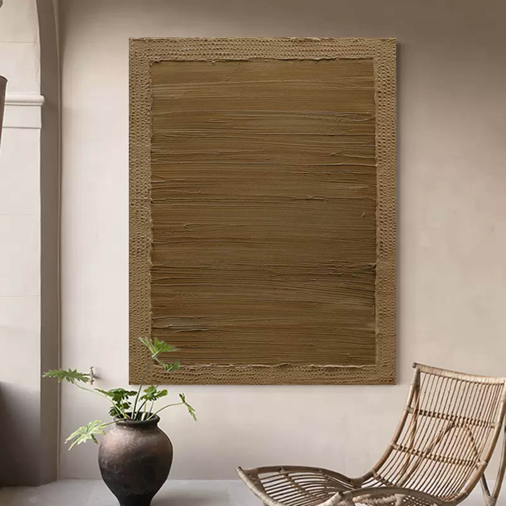 Large neutral wall art with textured earth-tone layers in abstract design