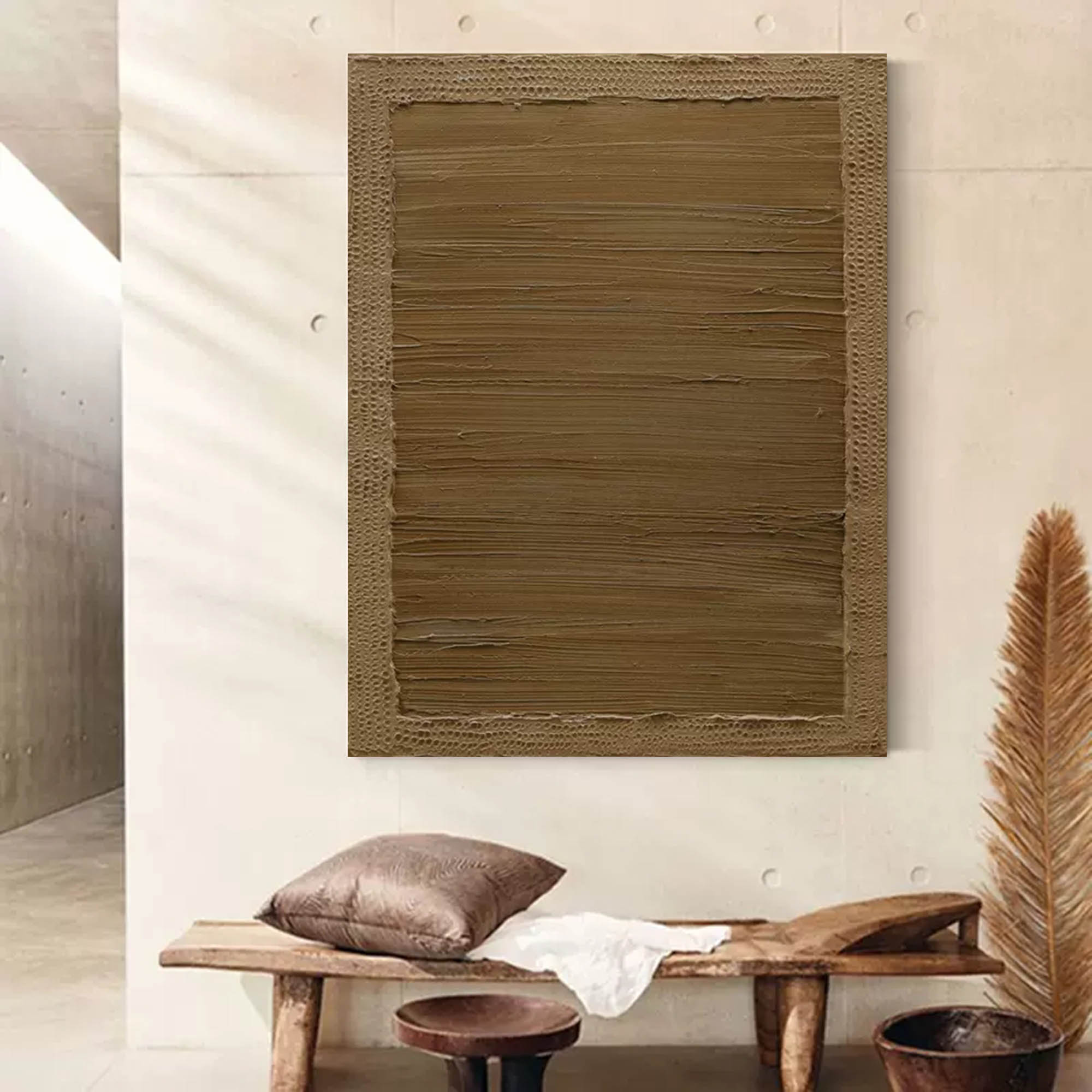 Large neutral wall art with textured earth-tone layers in abstract design