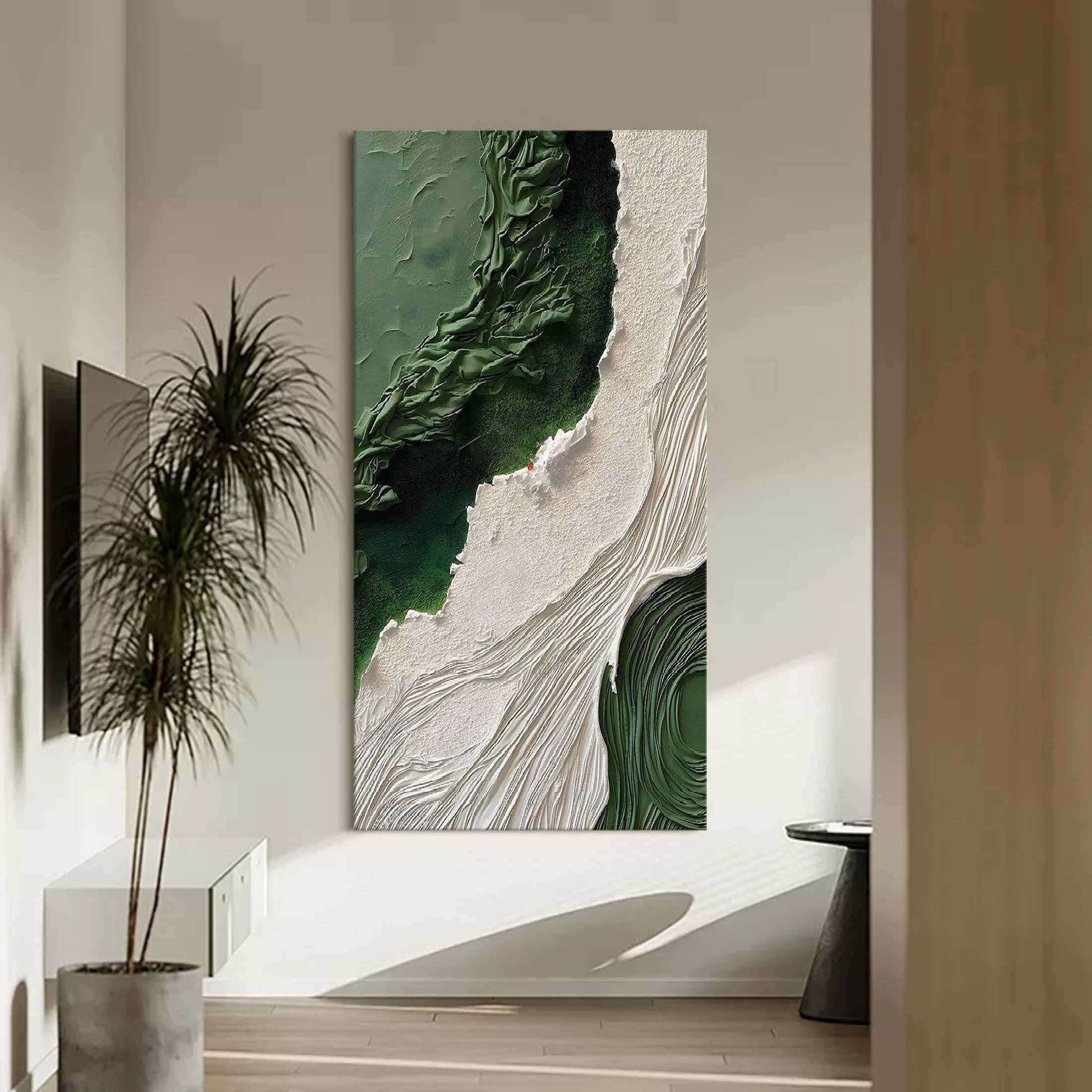 Abstract plaster art on canvas with green and ivory textured patterns, handcrafted wall painting