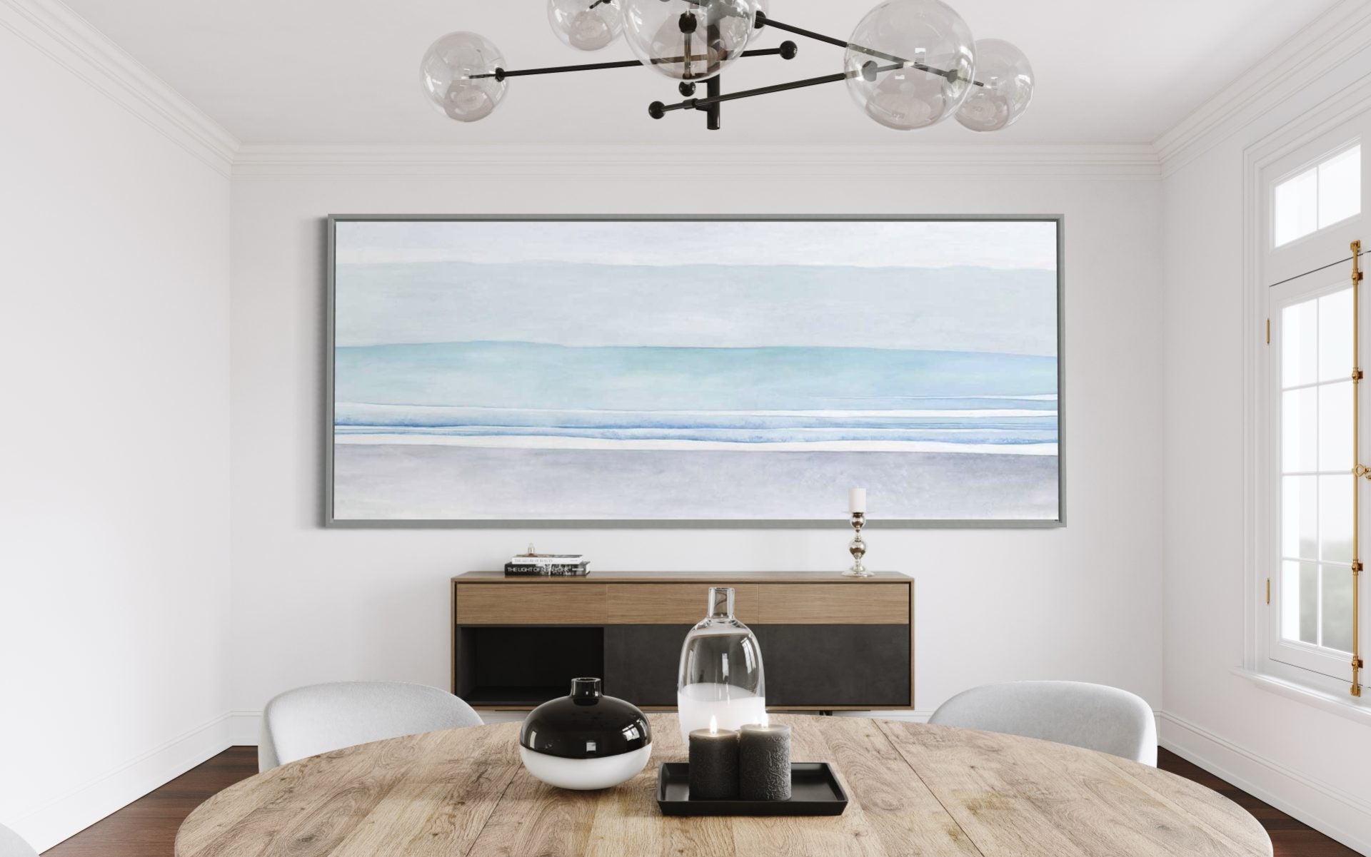 Abstract ocean wall art with soft blue tones, perfect for modern home decor.