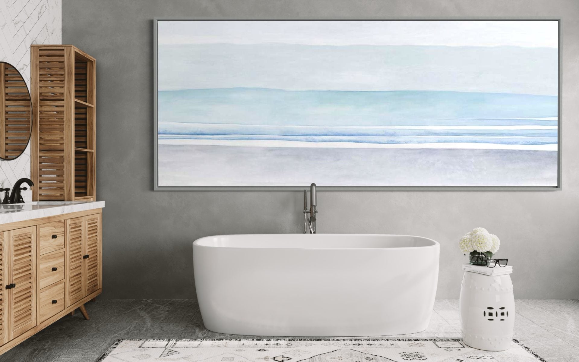 Abstract ocean wall art with soft blue tones, perfect for modern home decor.