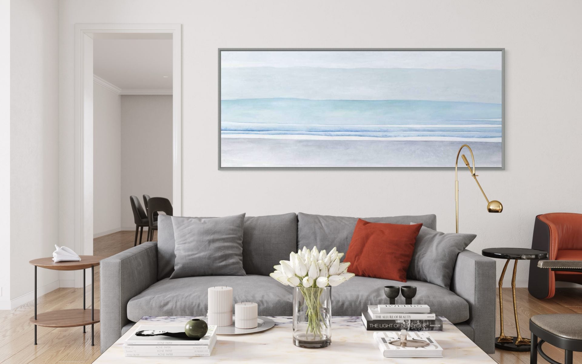 Abstract ocean wall art with soft blue tones, perfect for modern home decor.