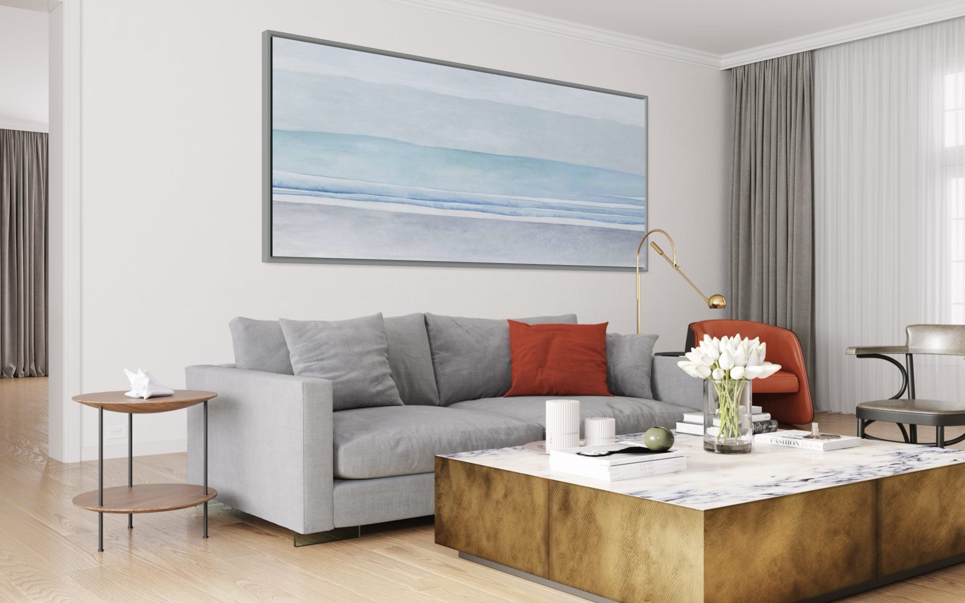 Abstract ocean wall art with soft blue tones, perfect for modern home decor.