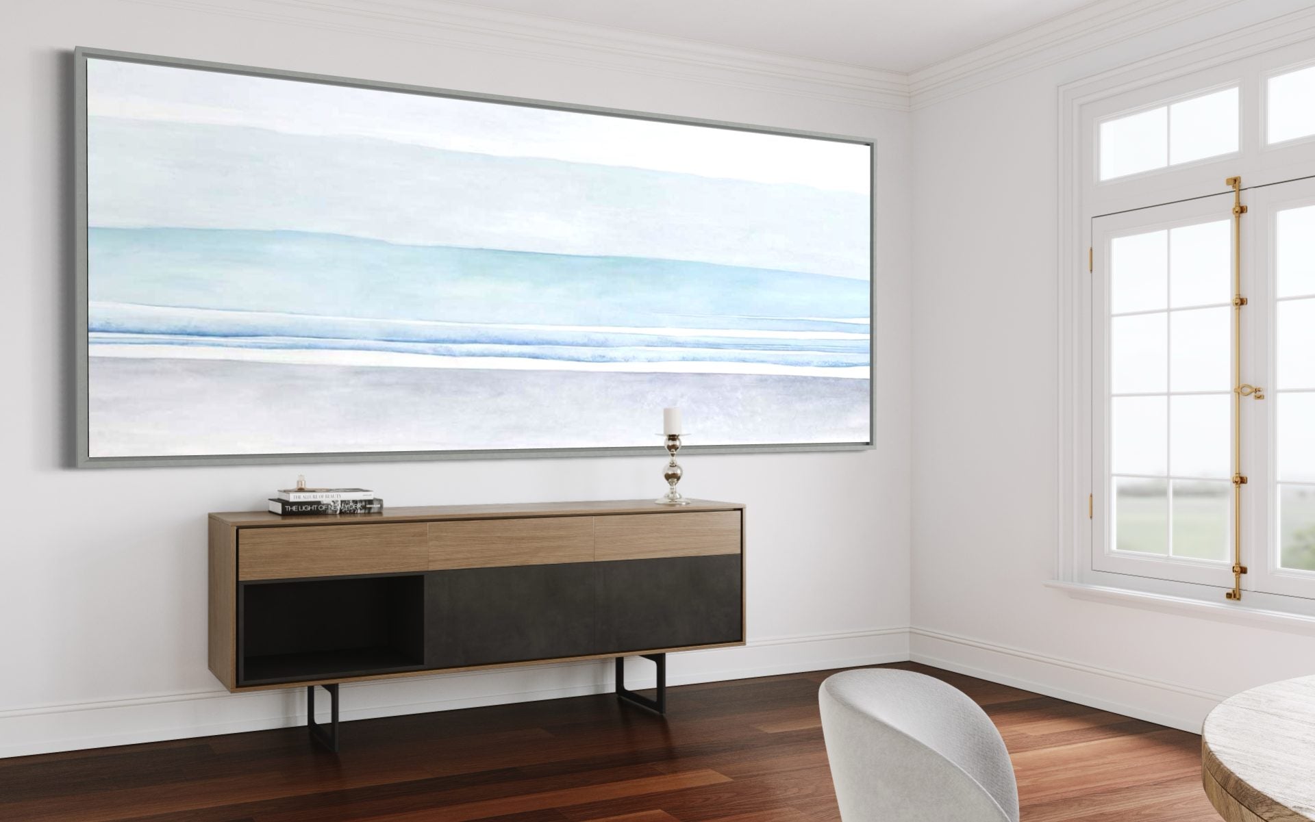 Abstract ocean wall art with soft blue tones, perfect for modern home decor.