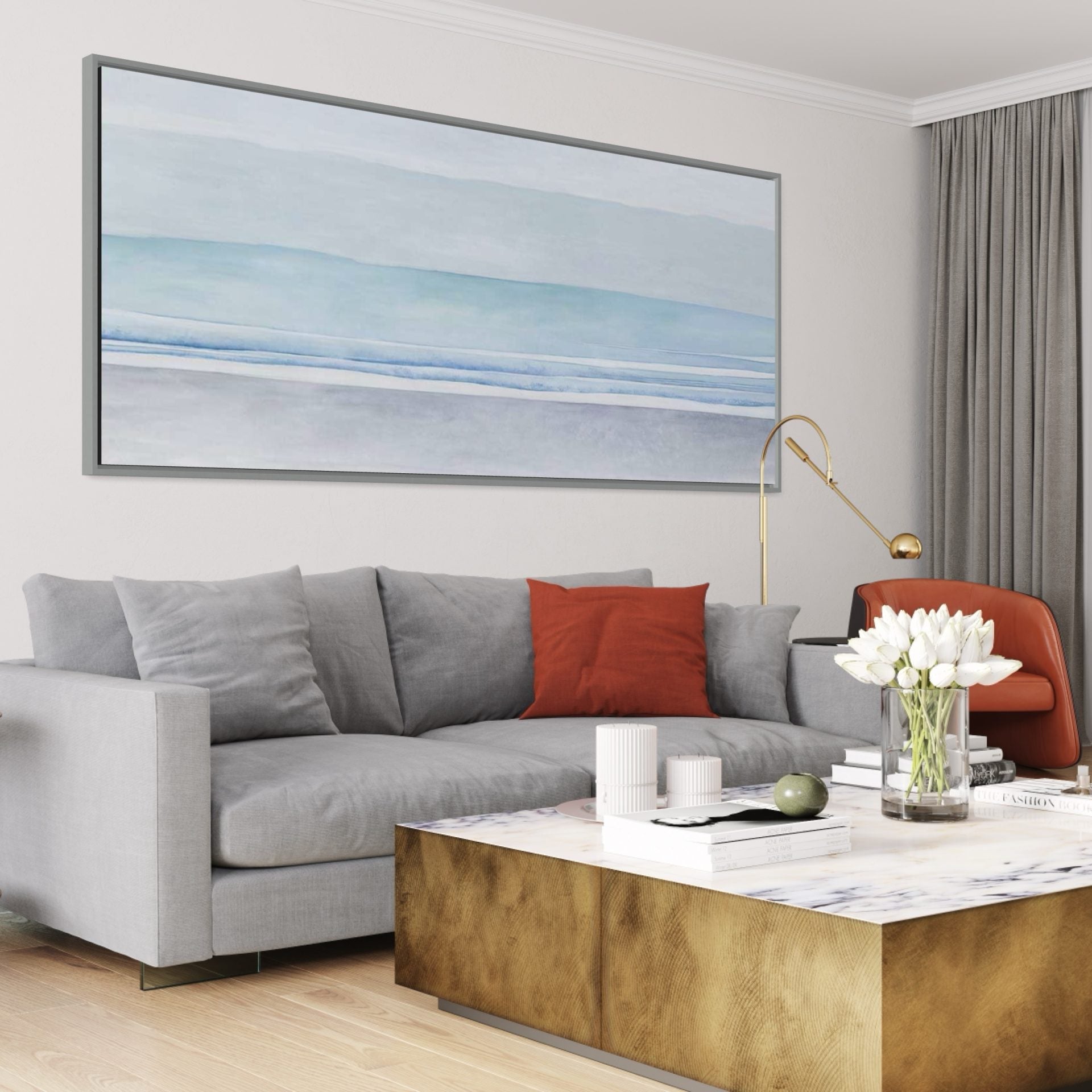 Abstract ocean wall art with soft blue tones, perfect for modern home decor.