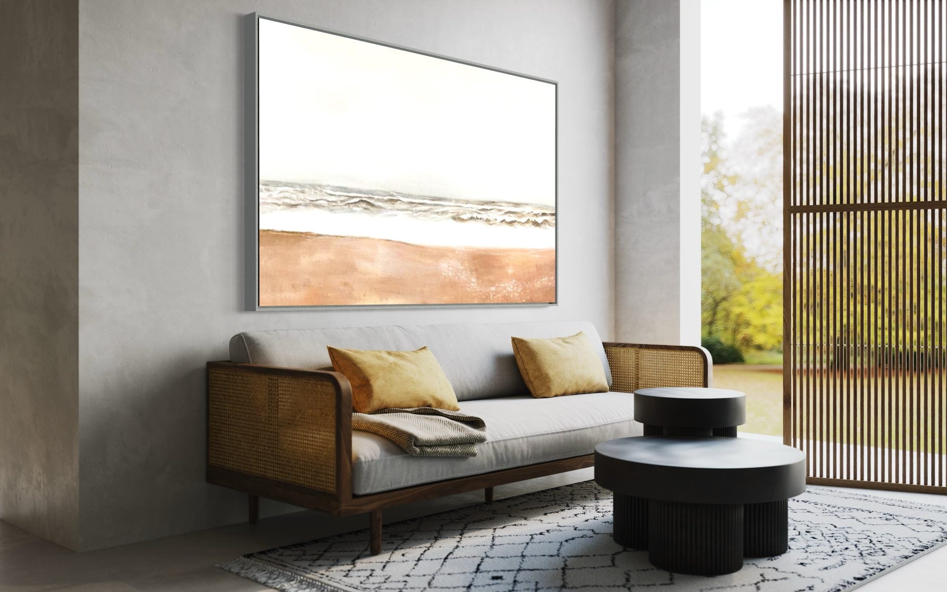 Beach wall art with gentle waves and soft beige tones, ideal for modern coastal decor.