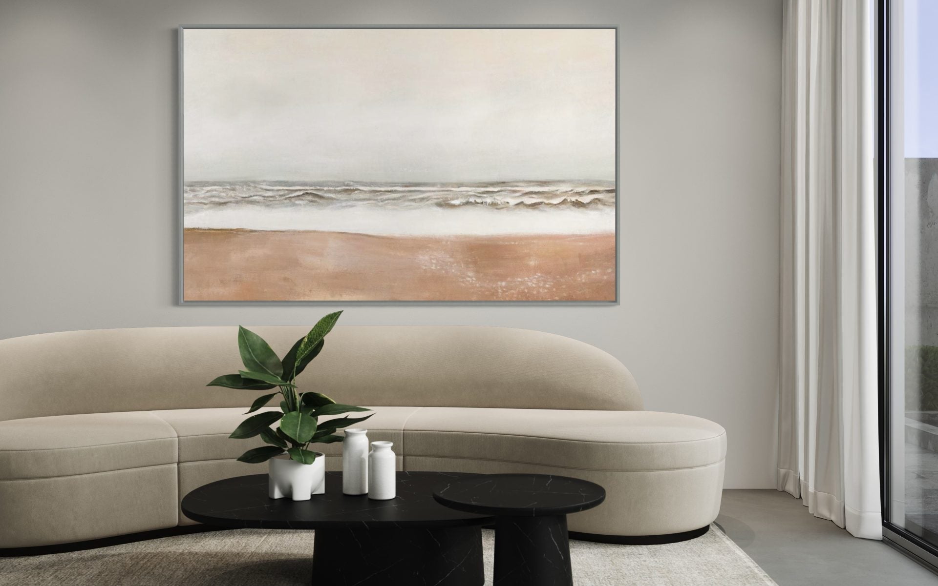 Beach wall art with gentle waves and soft beige tones, ideal for modern coastal decor.