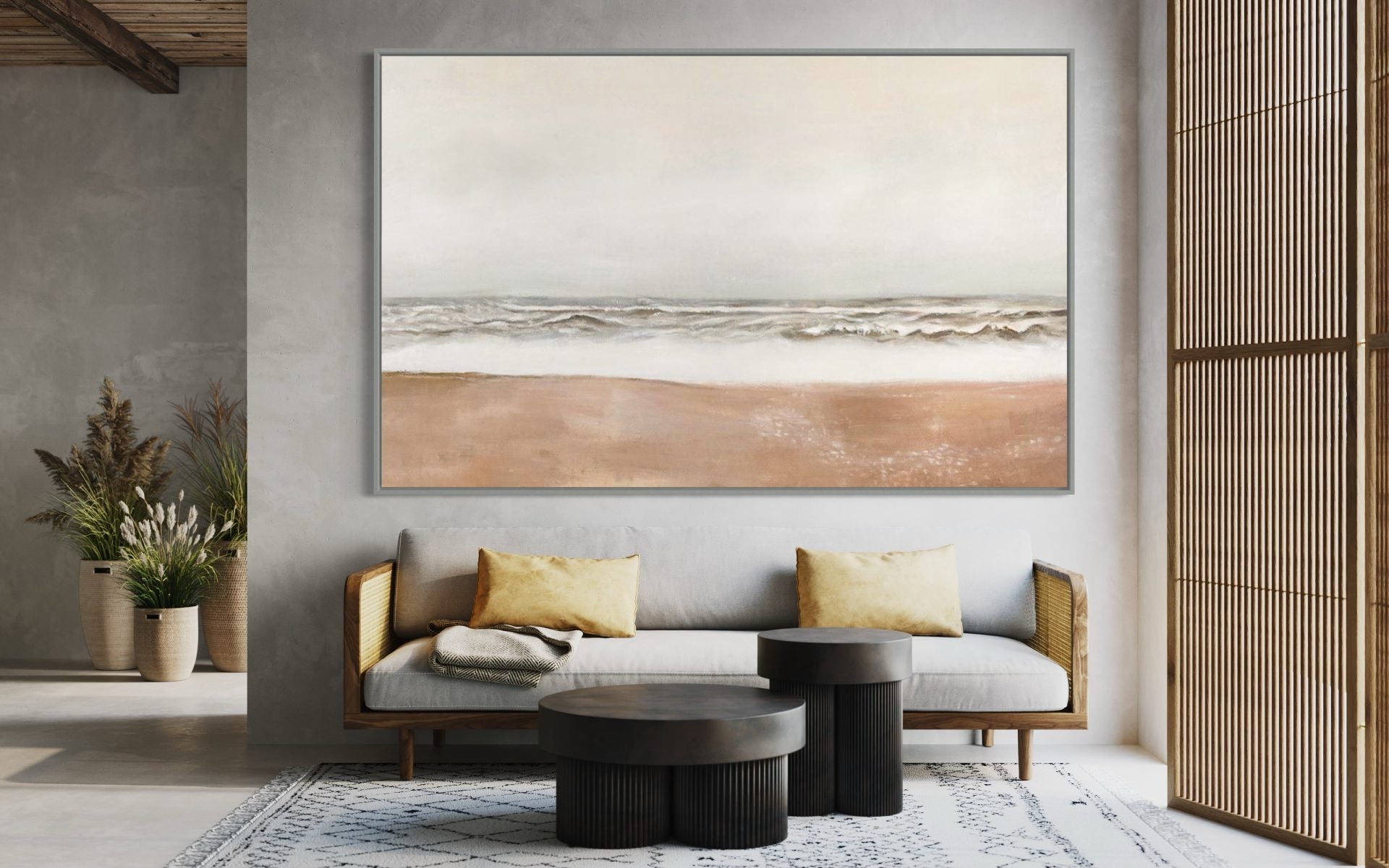 Beach wall art with gentle waves and soft beige tones, ideal for modern coastal decor.