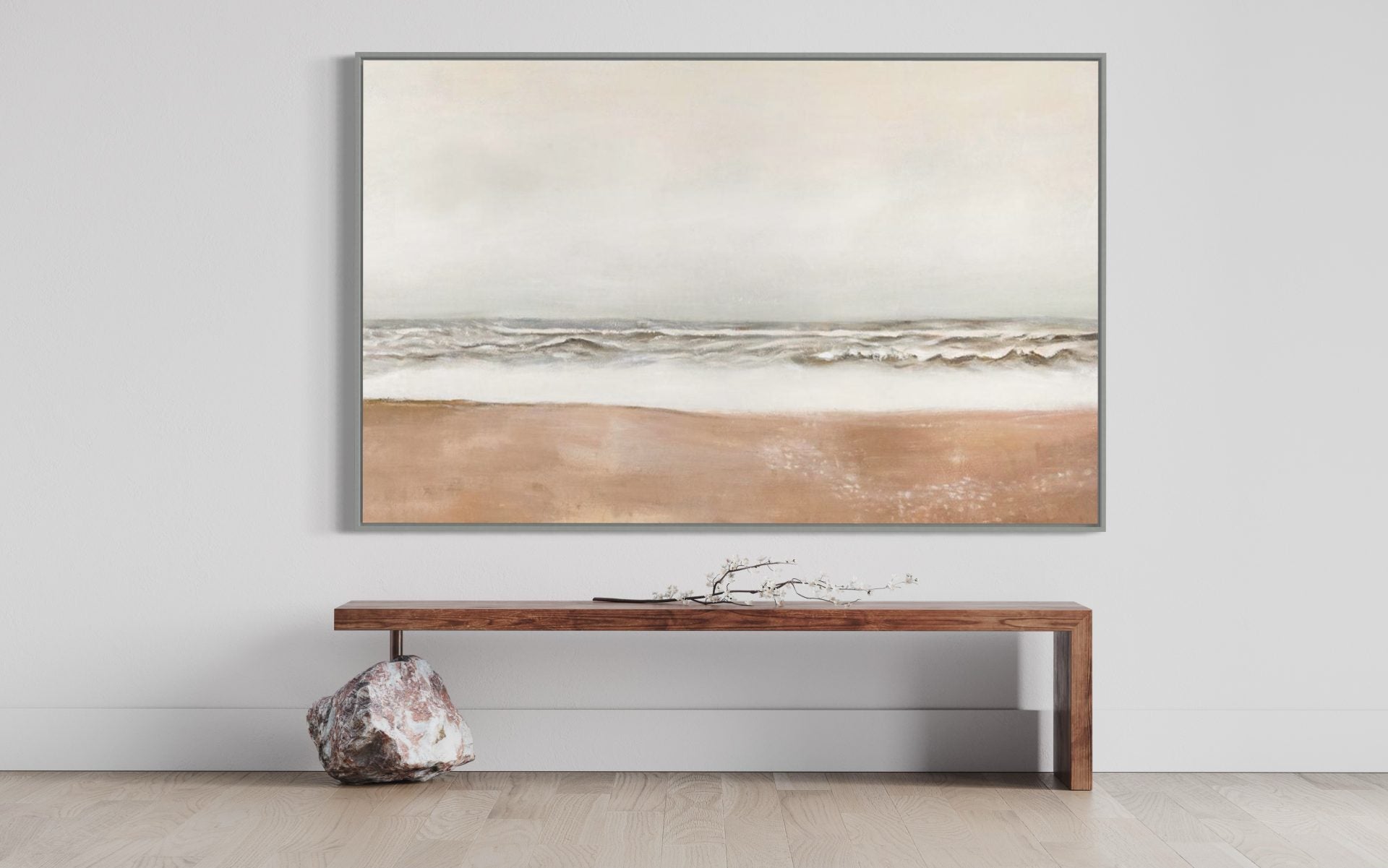 Beach wall art with gentle waves and soft beige tones, ideal for modern coastal decor.