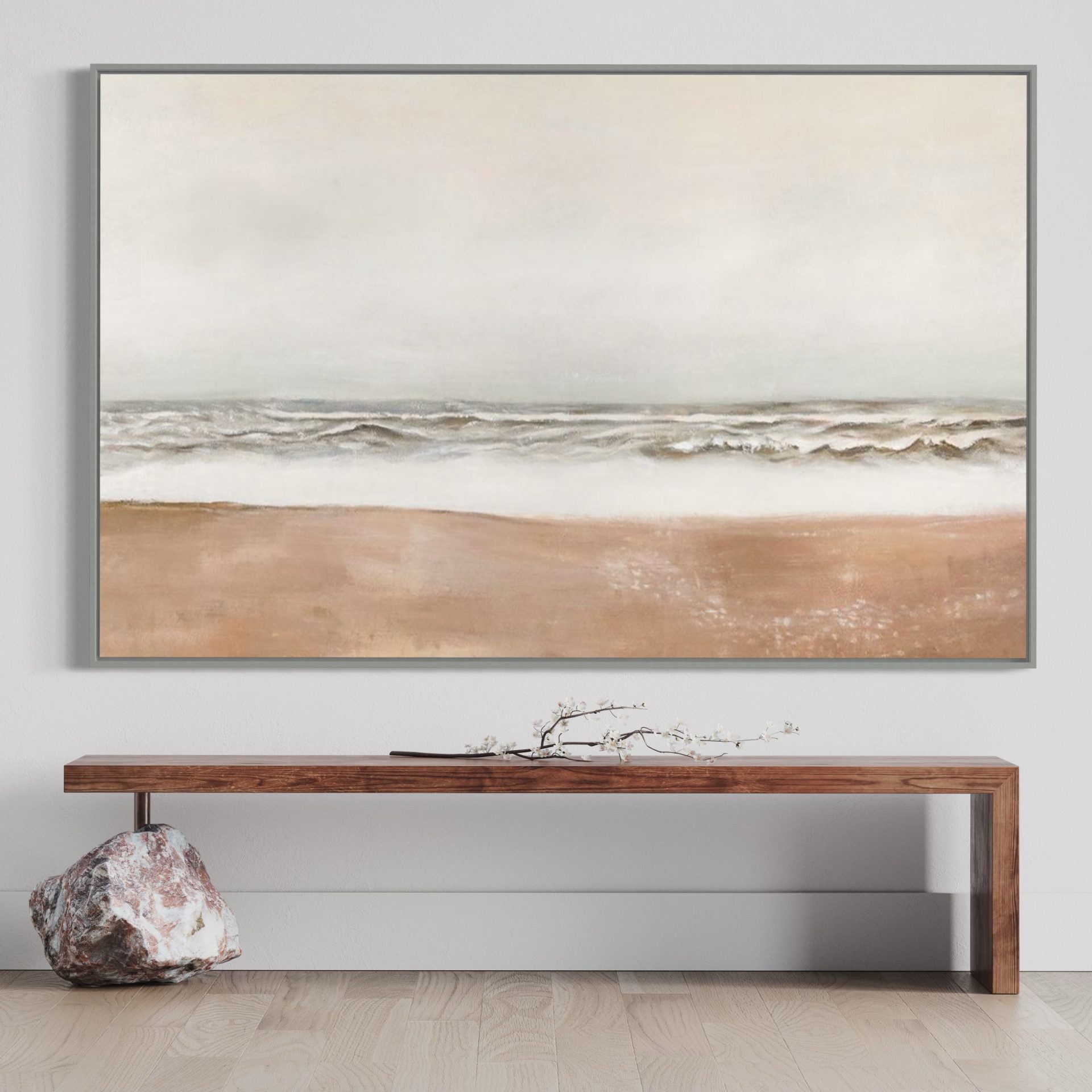 Beach wall art with gentle waves and soft beige tones, ideal for modern coastal decor.