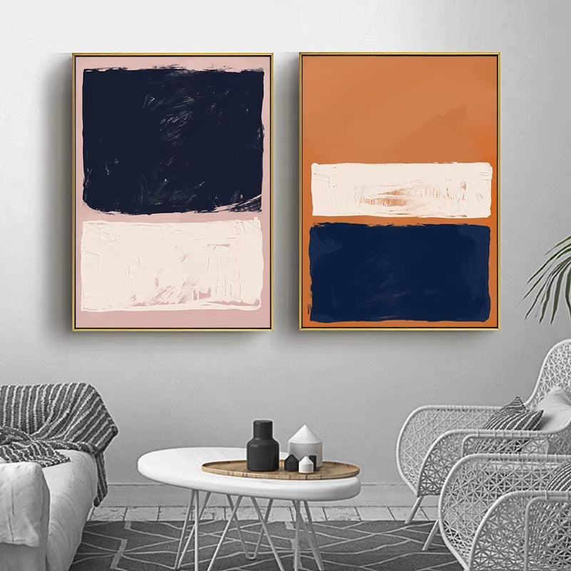 Rothko Set of 2 abstract minimalist art in navy, blush pink, and terracotta.