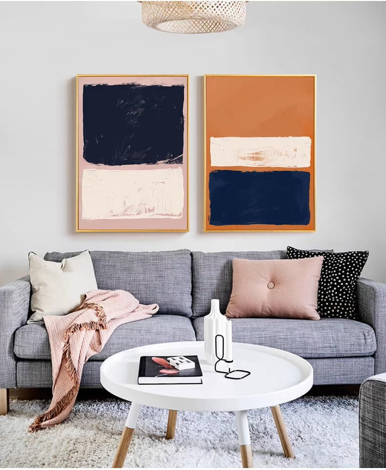 Rothko Set of 2 abstract minimalist art in navy, blush pink, and terracotta.