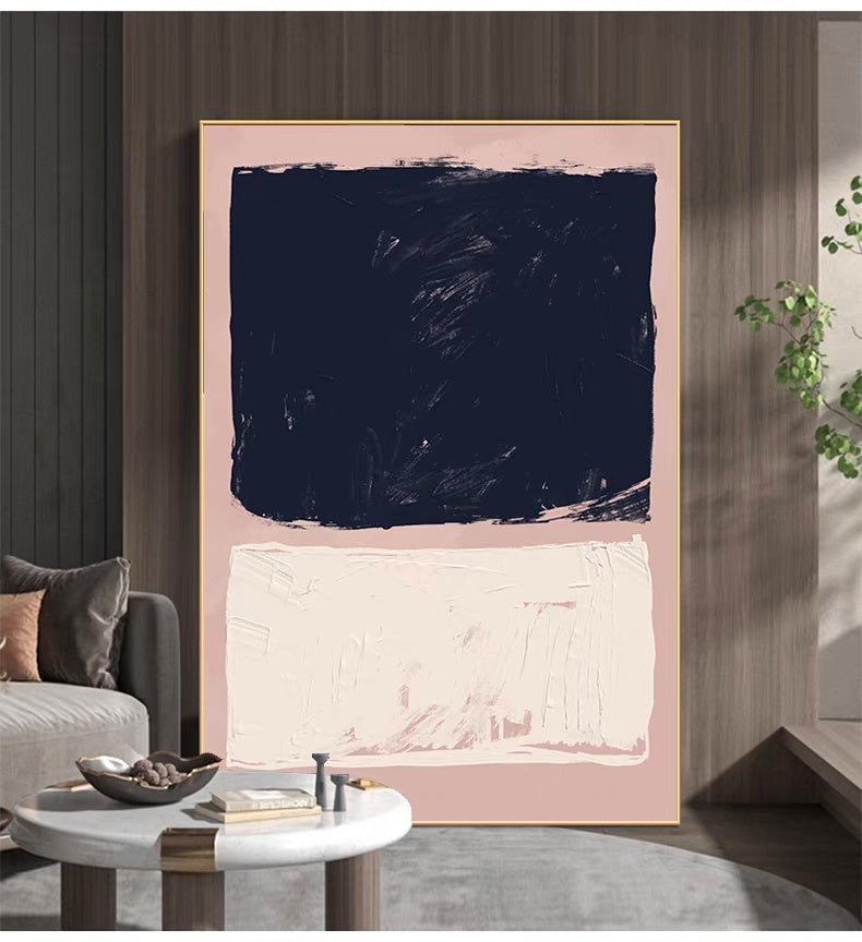 Rothko Set of 2 abstract minimalist art in navy, blush pink, and terracotta.