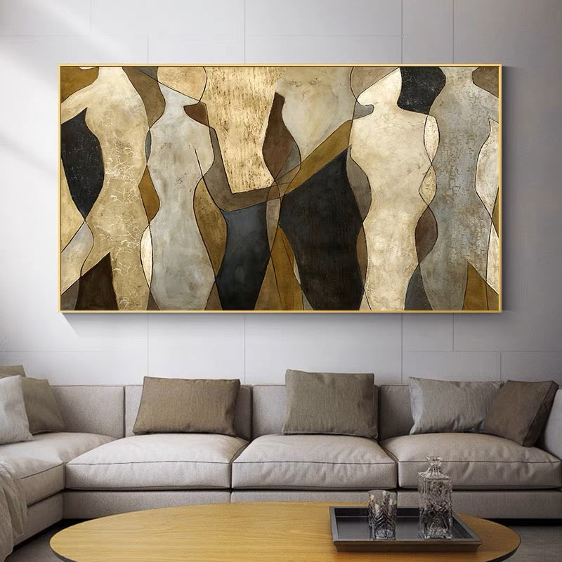 Abstract figure painting in earthy tones with overlapping silhouettes – Speeches