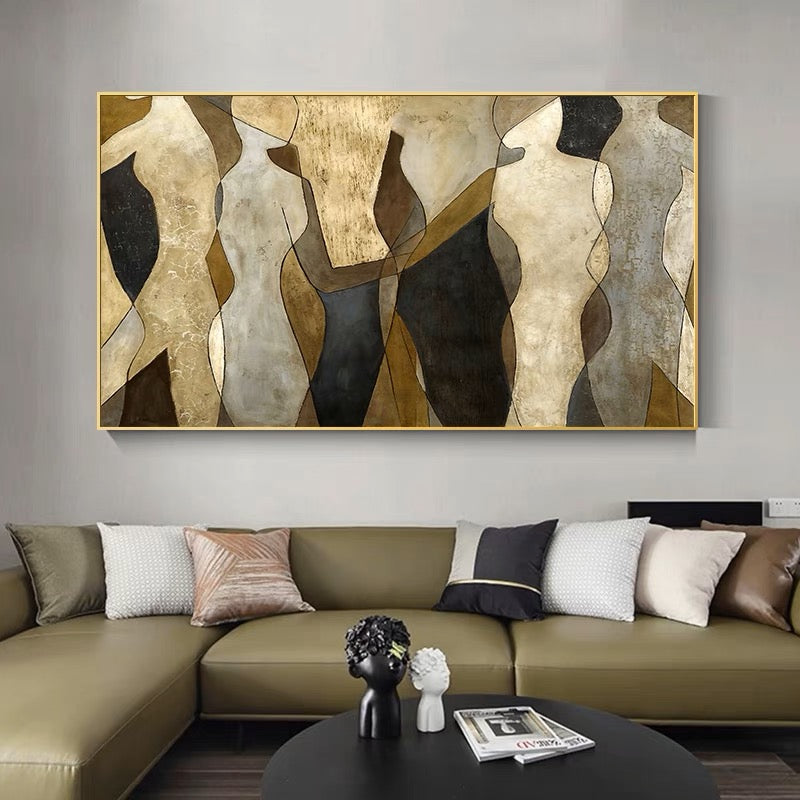 Abstract figure painting in earthy tones with overlapping silhouettes – Speeches