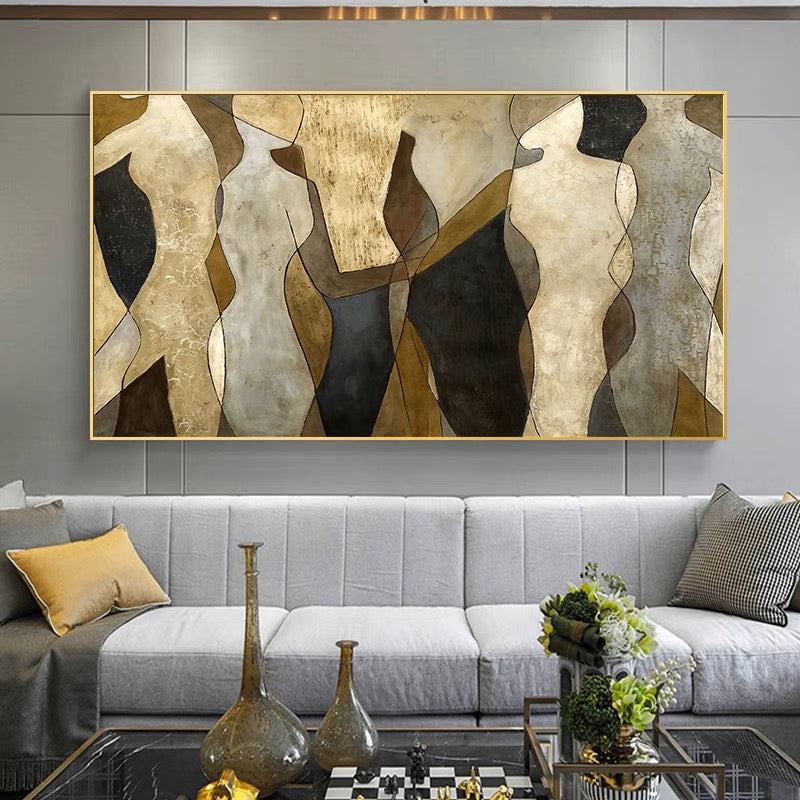 Abstract figure painting in earthy tones with overlapping silhouettes – Speeches