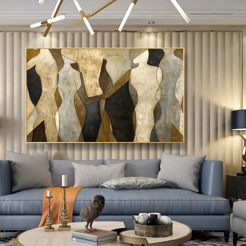 Abstract figure painting in earthy tones with overlapping silhouettes – Speeches