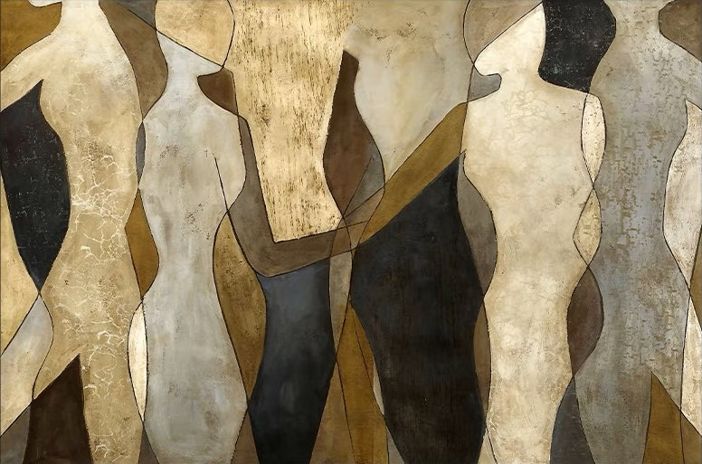 Abstract figure painting in earthy tones with overlapping silhouettes – Speeches