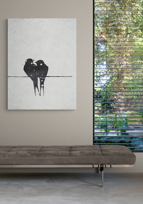 Minimalist bird painting with two love birds sitting together on a textured white canvas