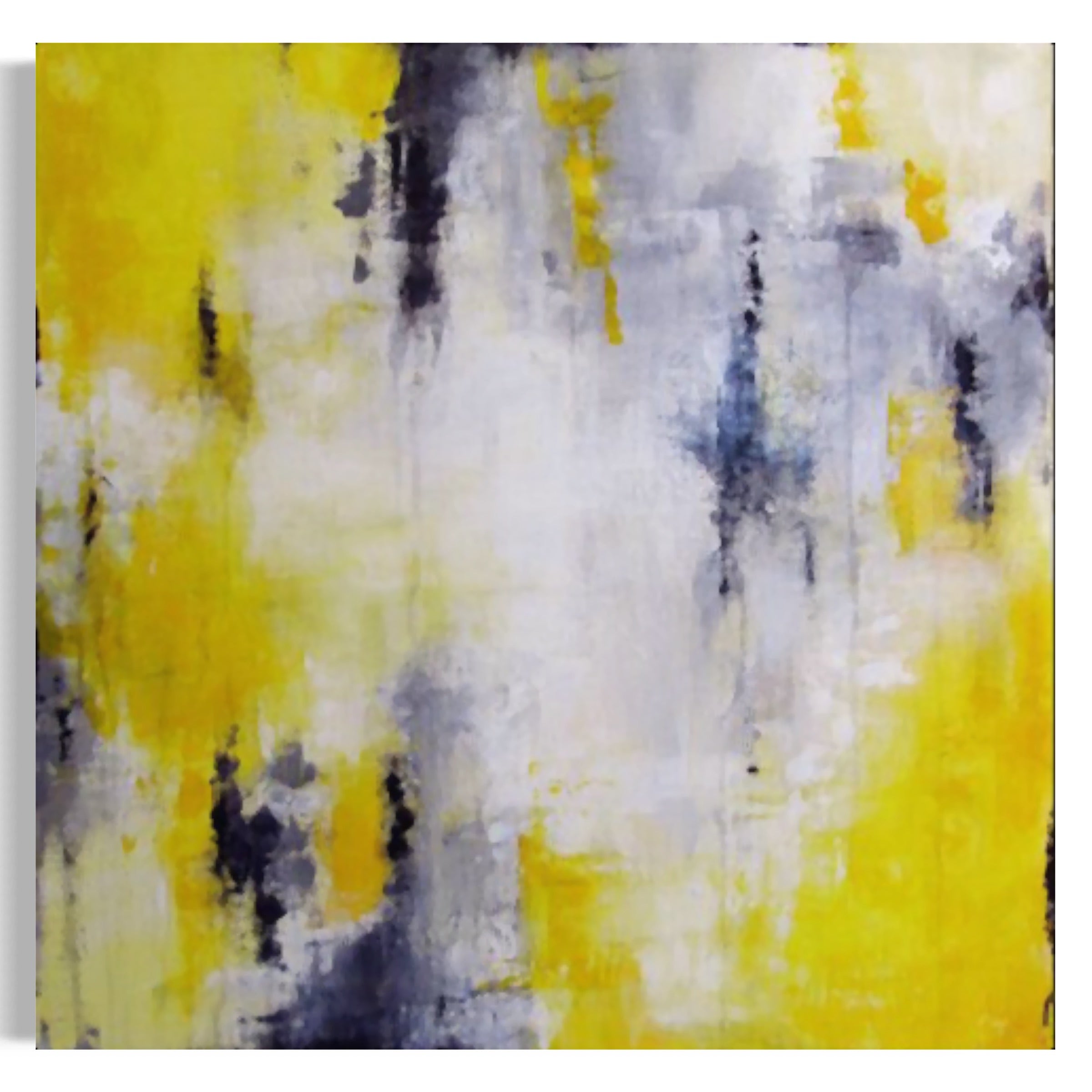 Abstract painting "Surreal Harmony" in yellow and gray tones with fluid brushstrokes.