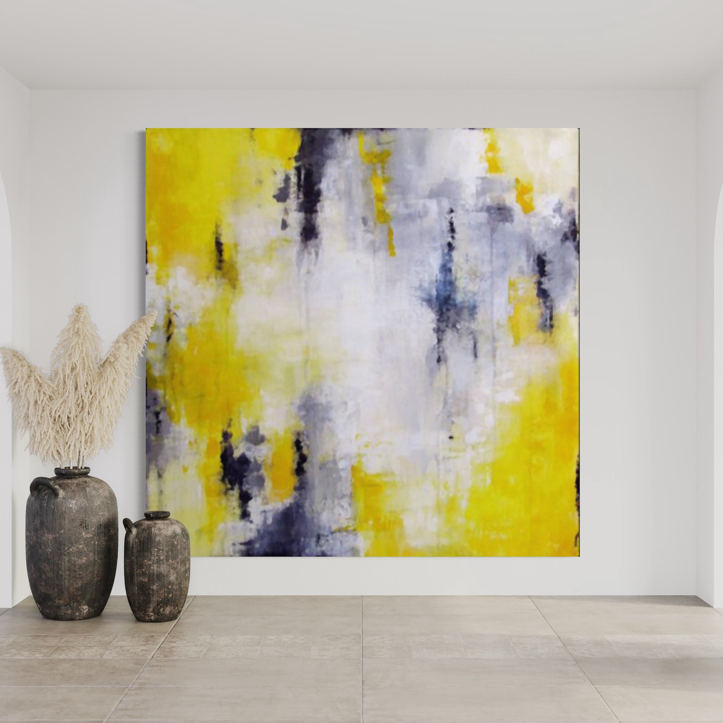 Abstract painting "Surreal Harmony" in yellow and gray tones with fluid brushstrokes.