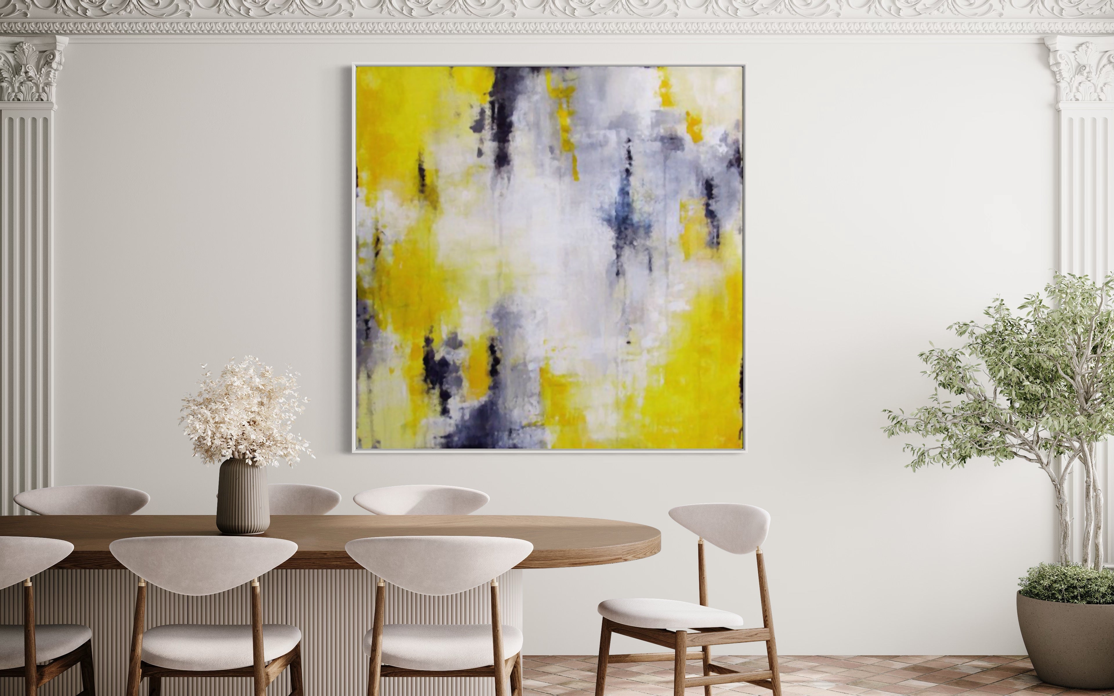Abstract painting "Surreal Harmony" in yellow and gray tones with fluid brushstrokes.