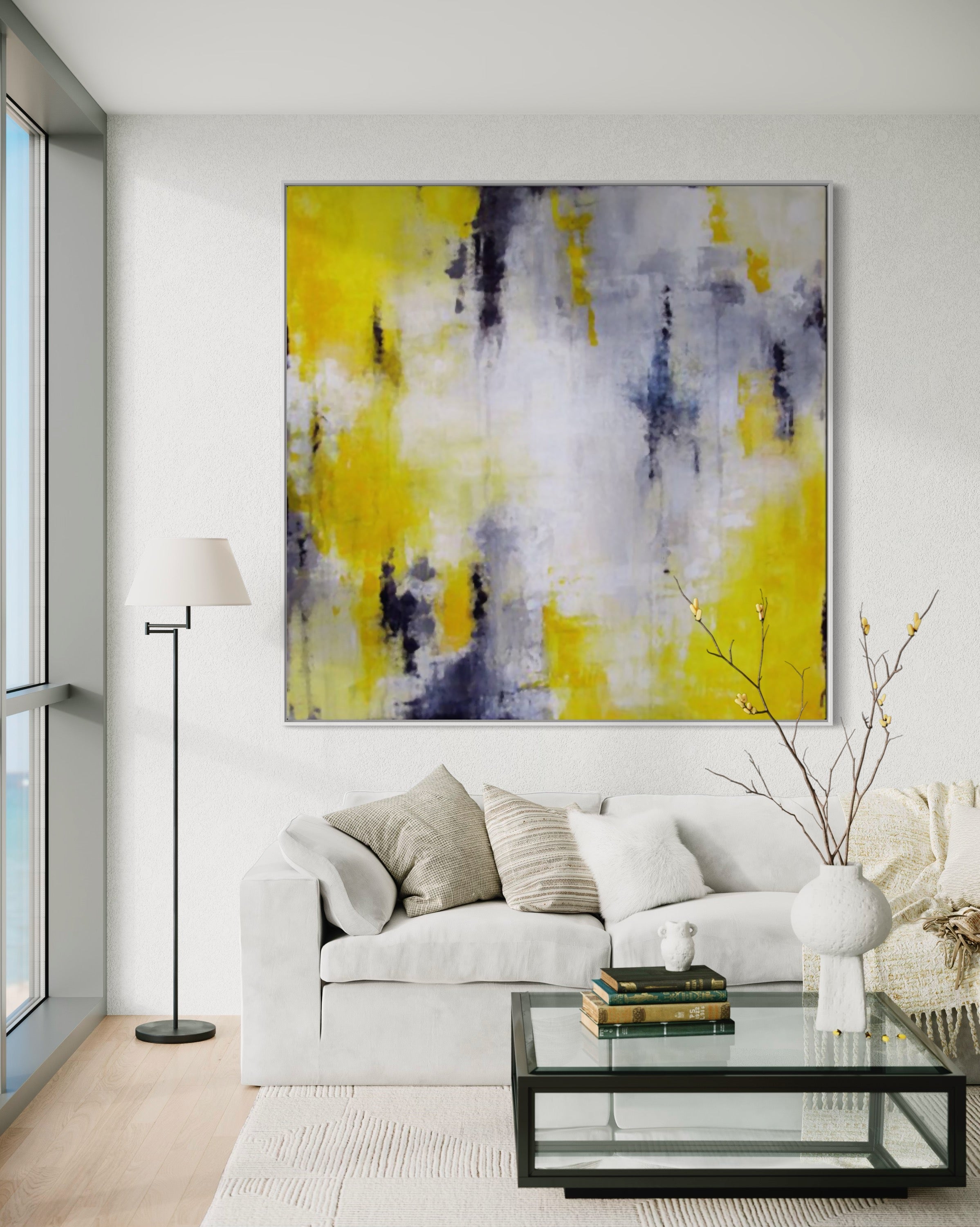 Abstract painting "Surreal Harmony" in yellow and gray tones with fluid brushstrokes.