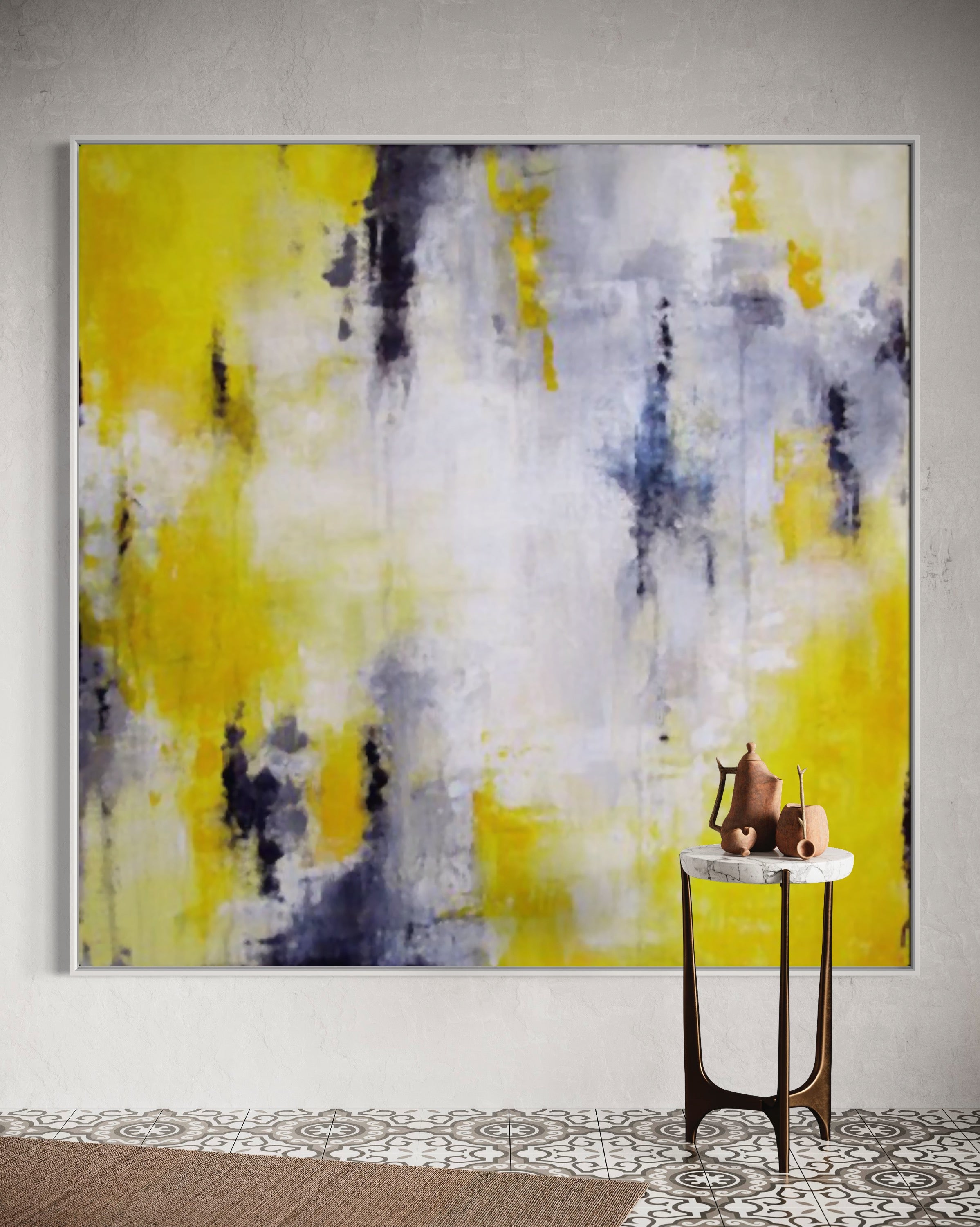 Abstract painting "Surreal Harmony" in yellow and gray tones with fluid brushstrokes.