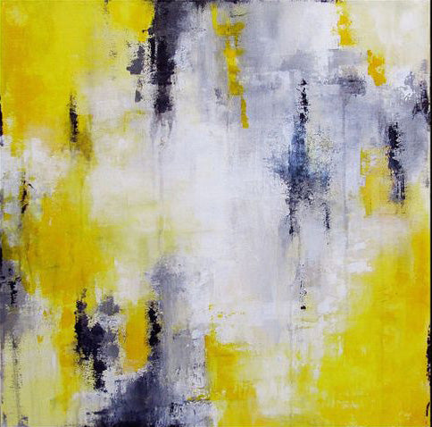 Abstract painting "Surreal Harmony" in yellow and gray tones with fluid brushstrokes.