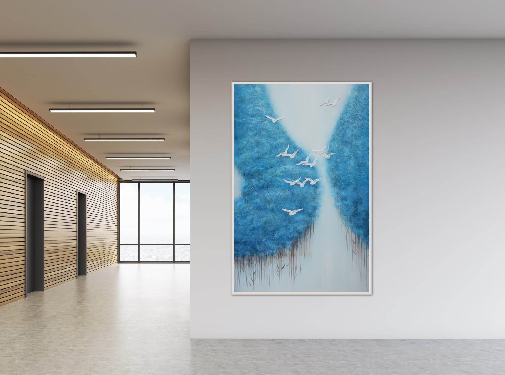 Blue modern wall art with flying white birds and soft blue tones – The Heaven