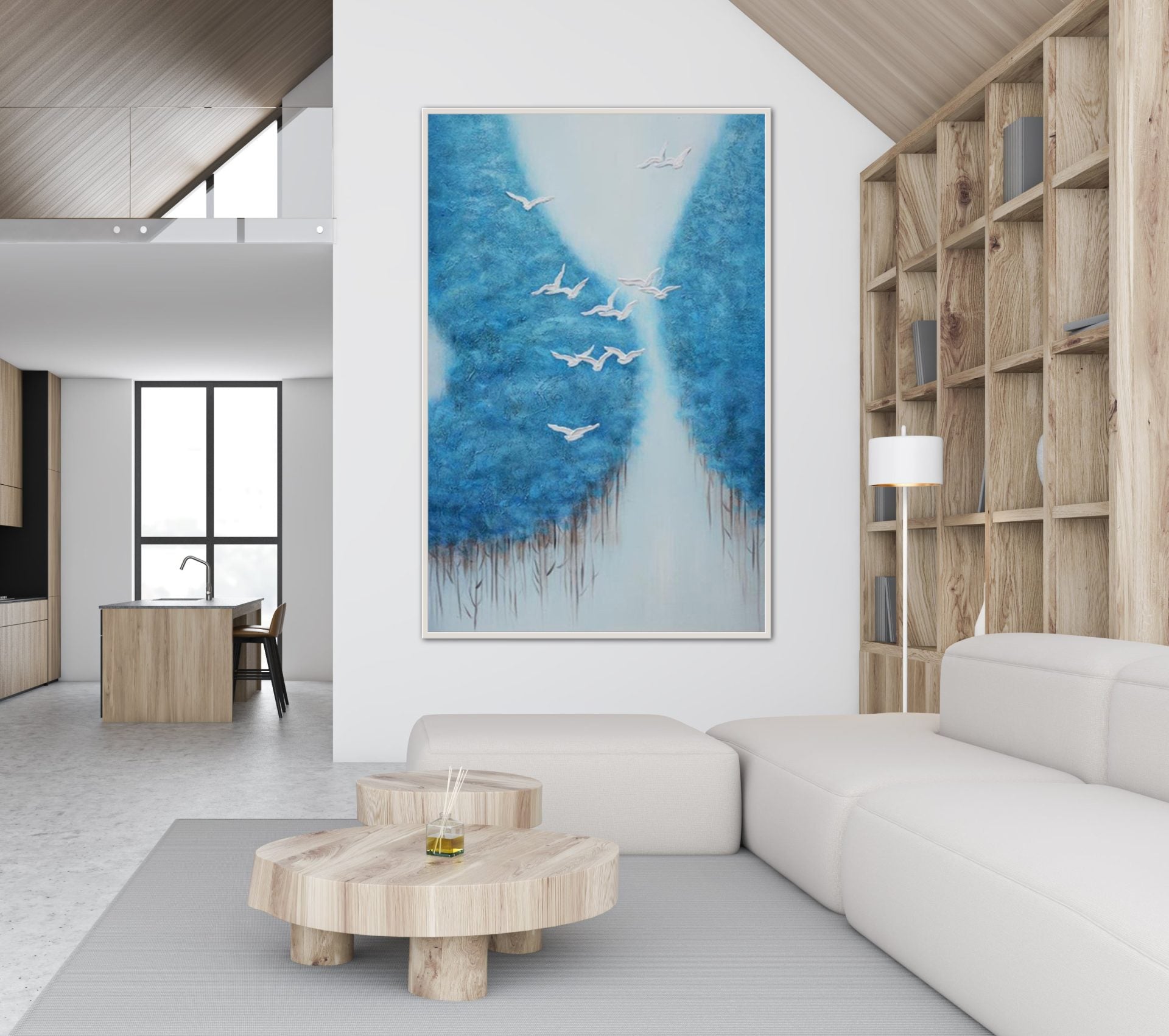 Blue modern wall art with flying white birds and soft blue tones – The Heaven