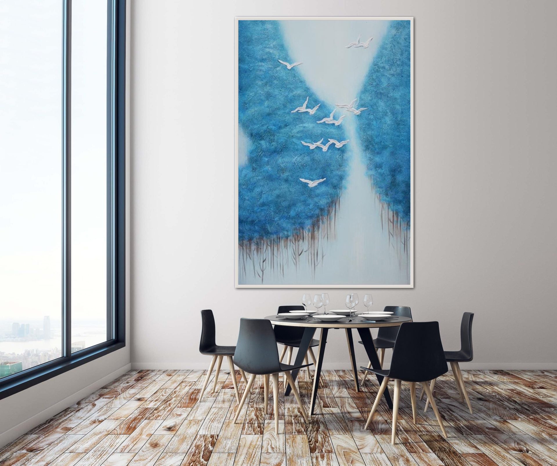 Blue modern wall art with flying white birds and soft blue tones – The Heaven