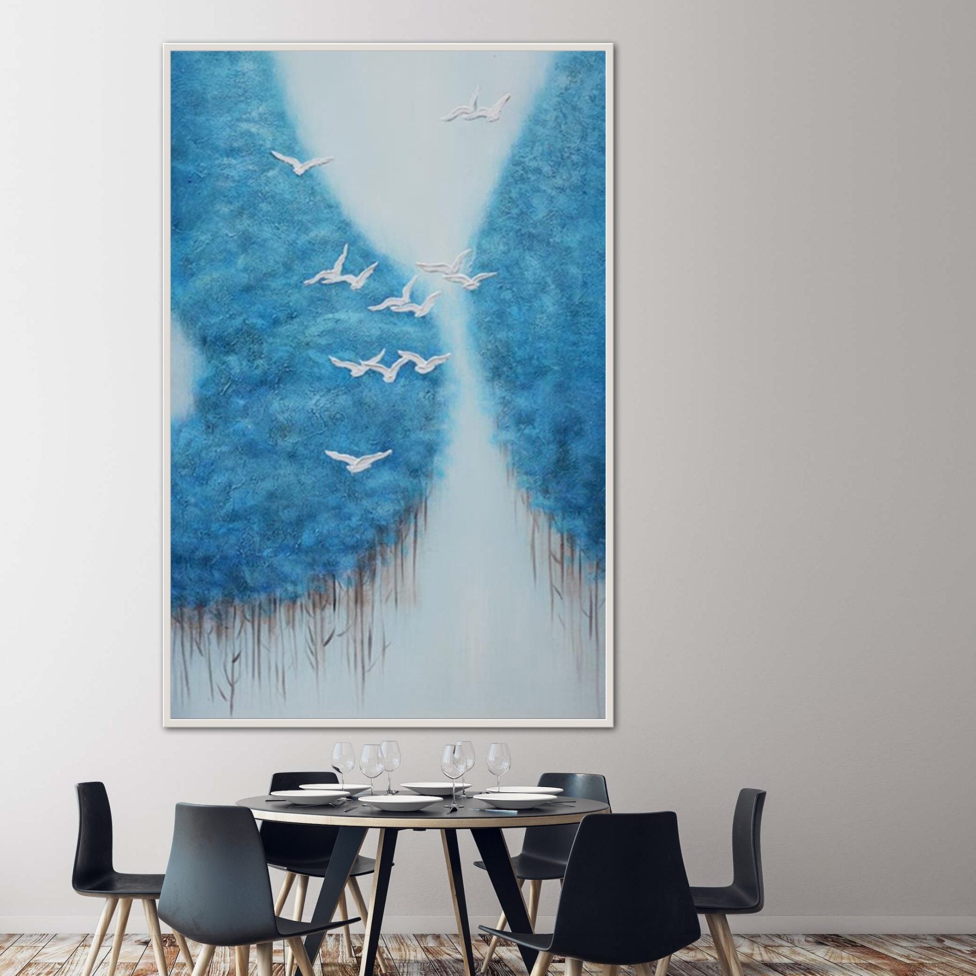 Blue modern wall art with flying white birds and soft blue tones – The Heaven