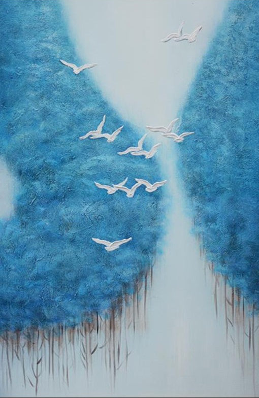 Blue modern wall art with flying white birds and soft blue tones – The Heaven