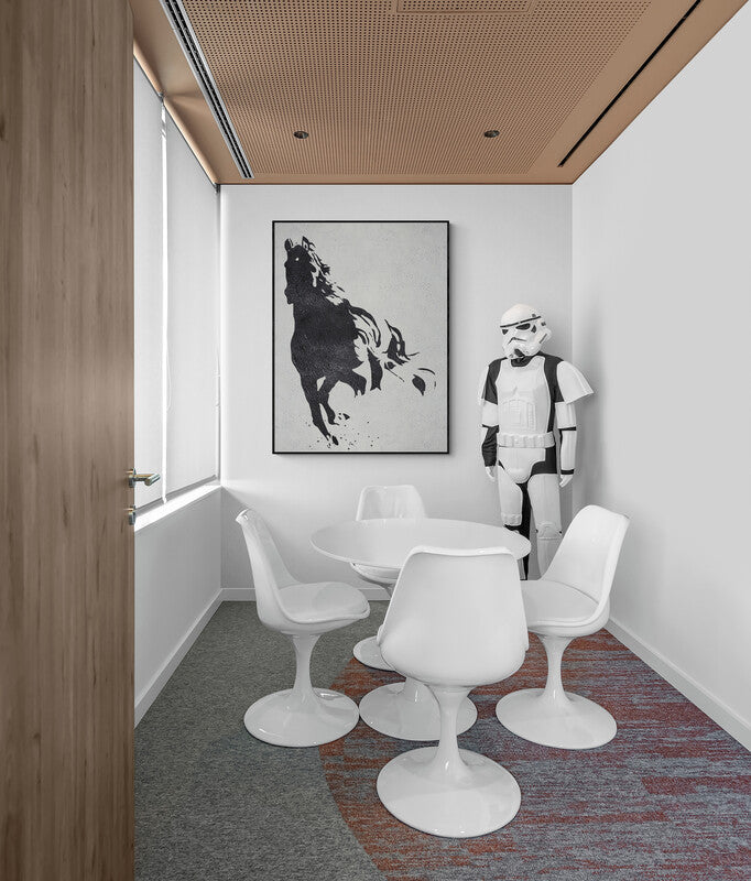 Running horse painting in black and white silhouette, symbolizing strength and stamina