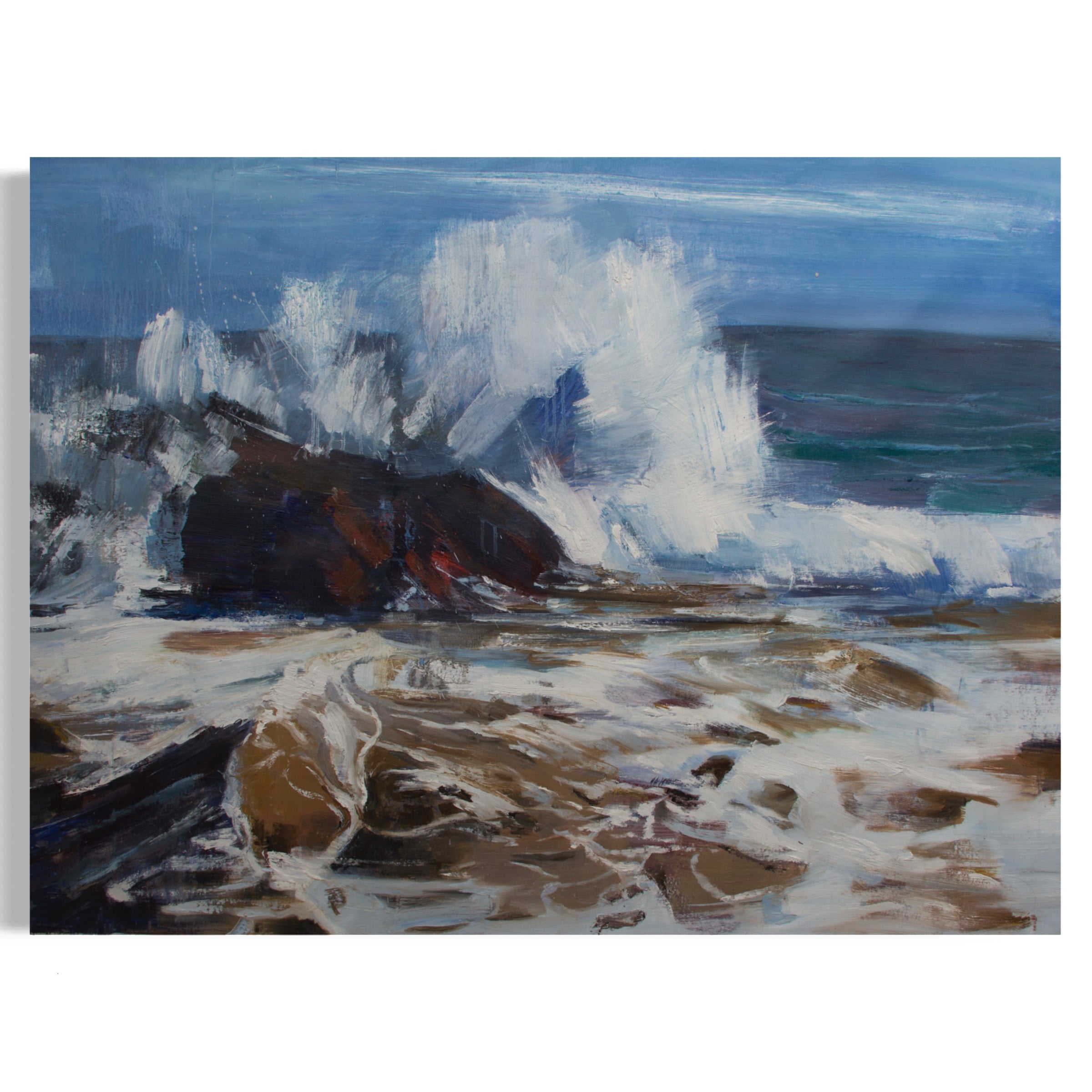Transcendent Transformation wave art, crashing ocean waves on rocks, seascape painting