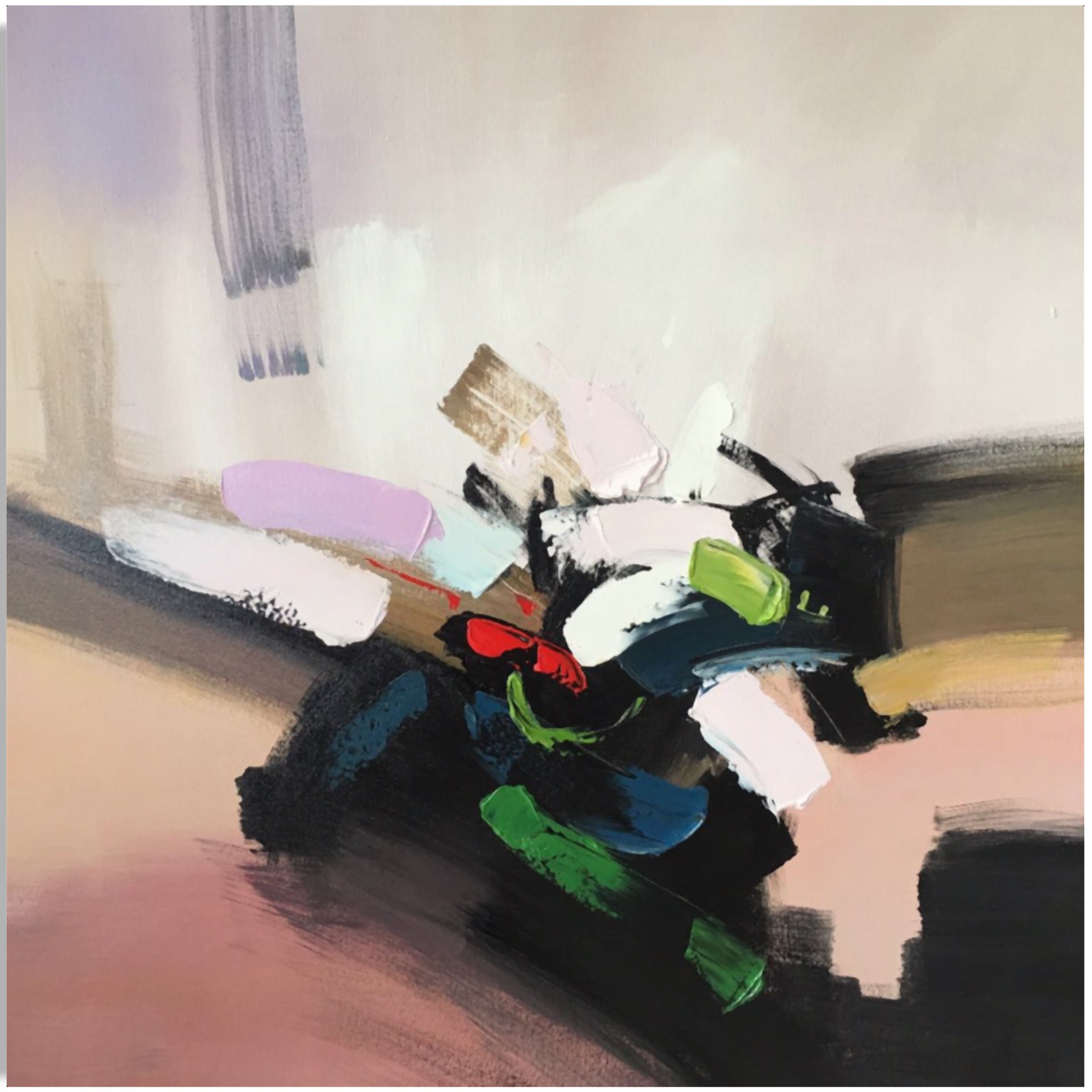 Abstract expressionist painting "Vibrant Illusions" with vibrant colors and dynamic brushstrokes.