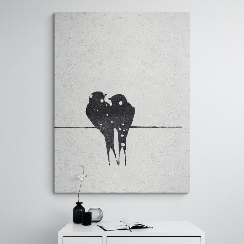 Minimalist bird painting with two love birds sitting together on a textured white canvas