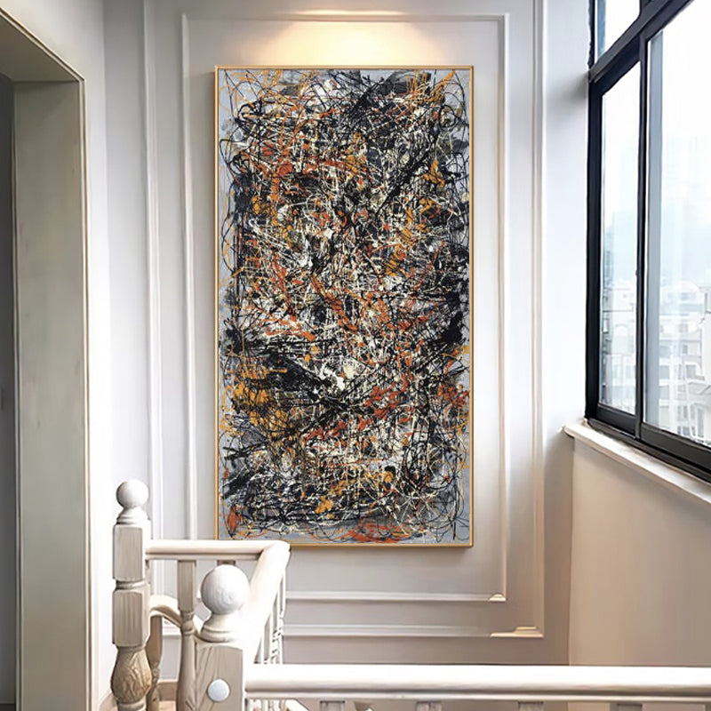 Contemporary abstract canvas art with dynamic black, white, and orange streaks – Chaos in Harmony
