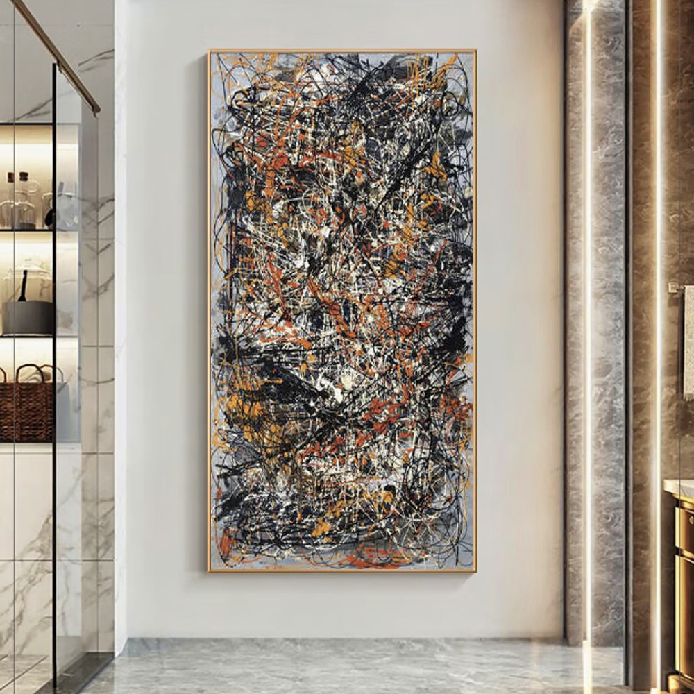 Contemporary abstract canvas art with dynamic black, white, and orange streaks – Chaos in Harmony