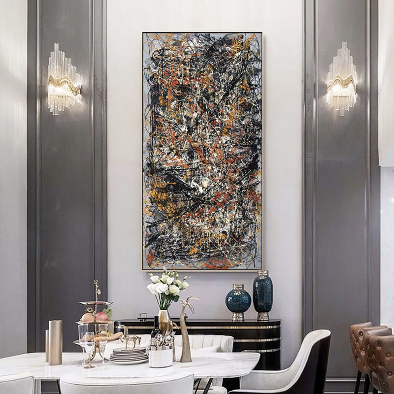 Contemporary abstract canvas art with dynamic black, white, and orange streaks – Chaos in Harmony