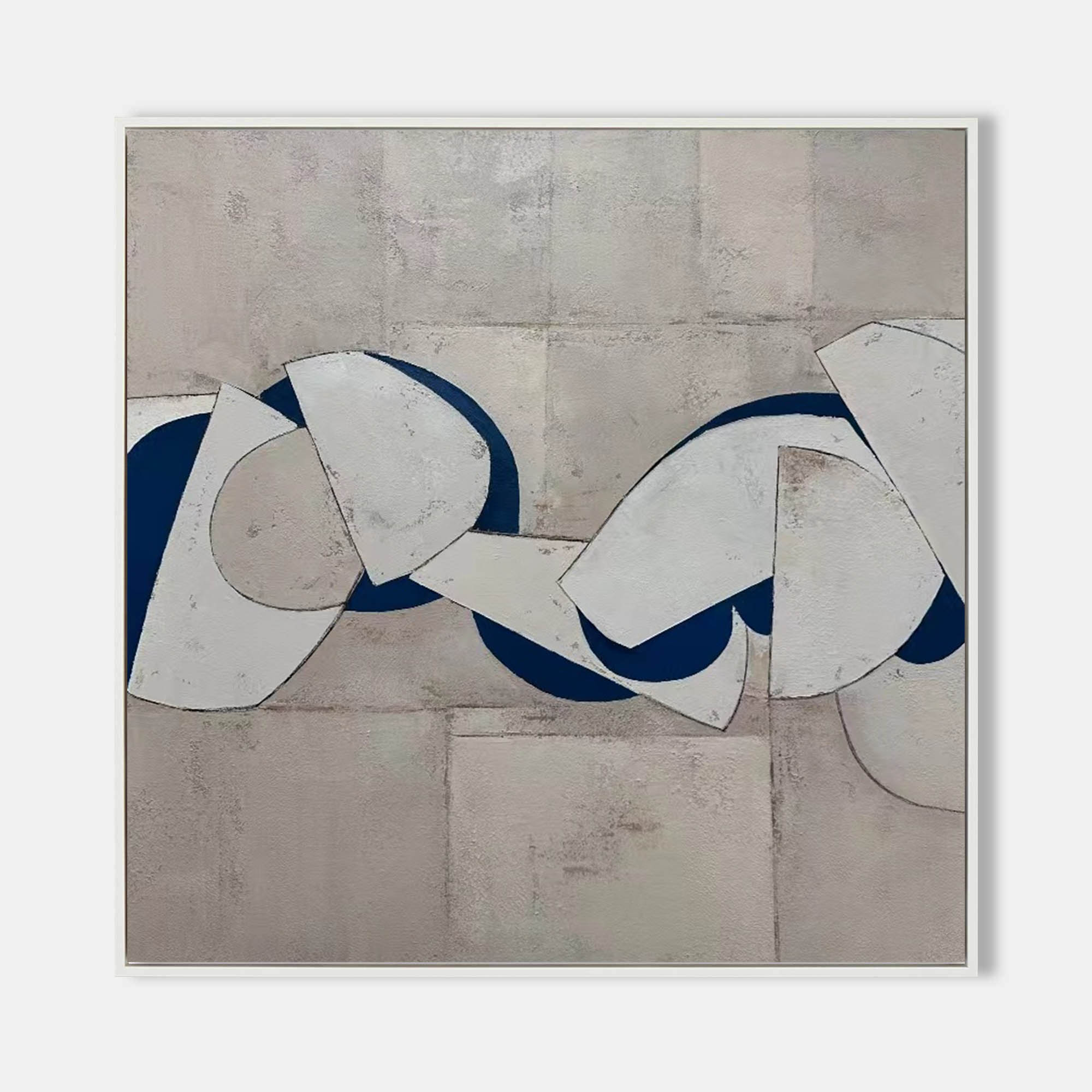 Blue and white abstract painting with bold curved shapes on textured gray background