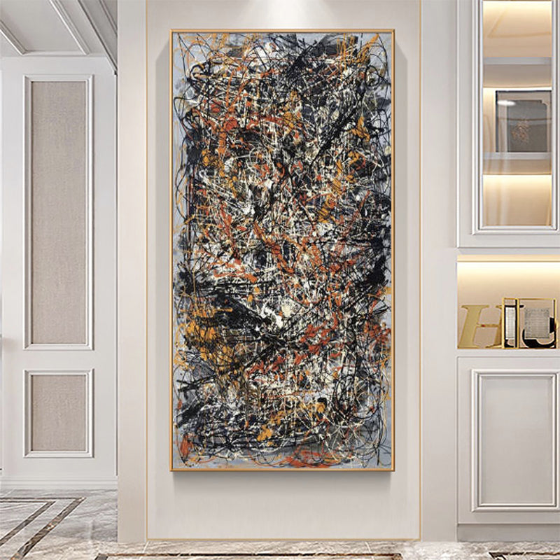 Contemporary abstract canvas art with dynamic black, white, and orange streaks – Chaos in Harmony