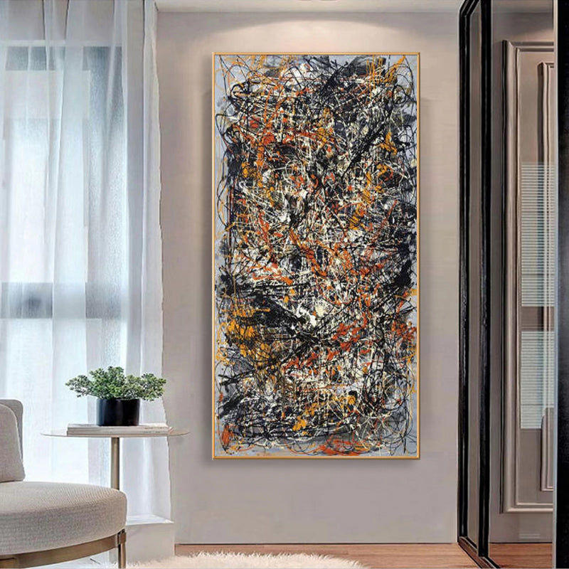 Contemporary abstract canvas art with dynamic black, white, and orange streaks – Chaos in Harmony